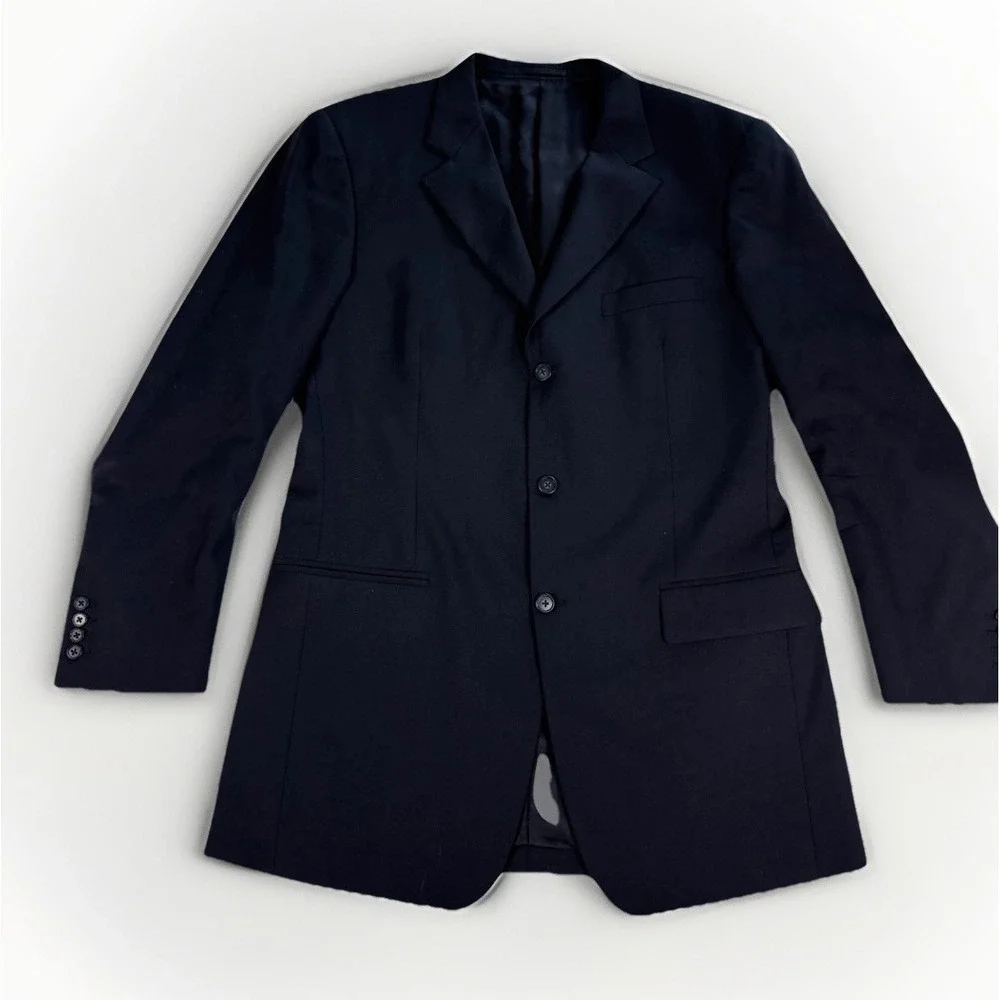 Larry Malkani Blazer Mens 42 Navy Blue Hand Tailored 3-Button Suit Jacket Preppy